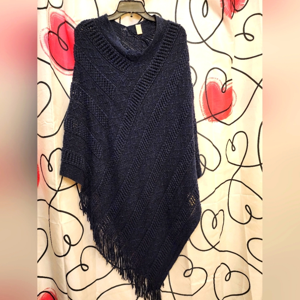 Navy Knit Fringe Poncho Sweater   V Neck